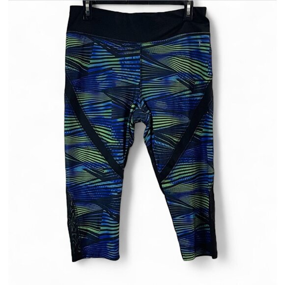 Womens Capri Leggings Blue/Green Striped Pattern With Black Mesh Panels Size L - Picture 1 of 11